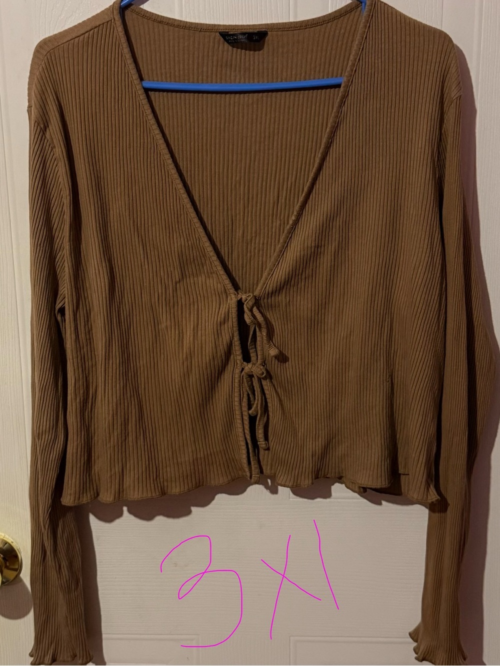 SHEIN Brown Ribbed Tie-Front V-Neck Long Sleeve Top